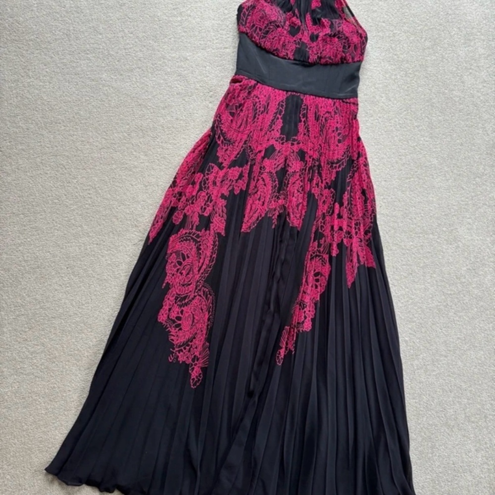 Karen Millen Black Evening Gown with Fuchsia Lace Overlay